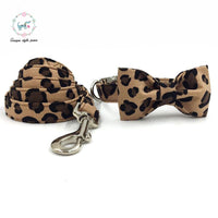 Leopard Print Dog Collar with Bow Tie Cotton Fabric Metal Buckle Dog &Cat Necklace or Dog Leash Unique Style Paws Dog Collar